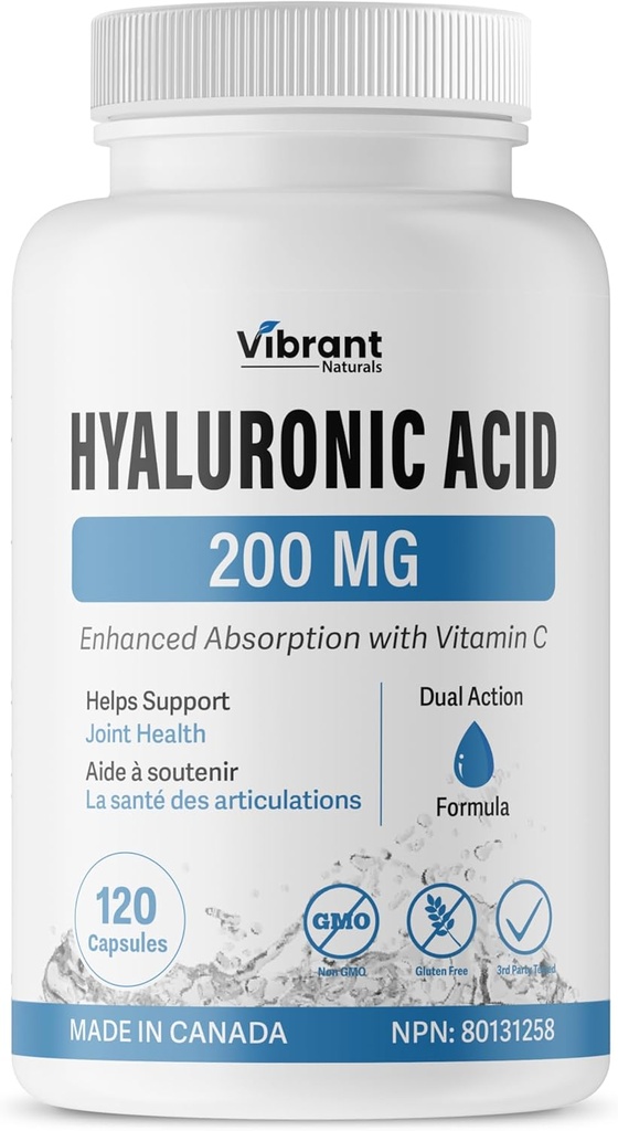 Suplemen Acid Hyaluronic 200mg - 120 Capsules, dengan Vitamin C 100mg, Gabungan & Skin Kesehatan, Fermentasi GMO Non, Gluten Free, Painst Partai Ketiga, Biovailable Formula