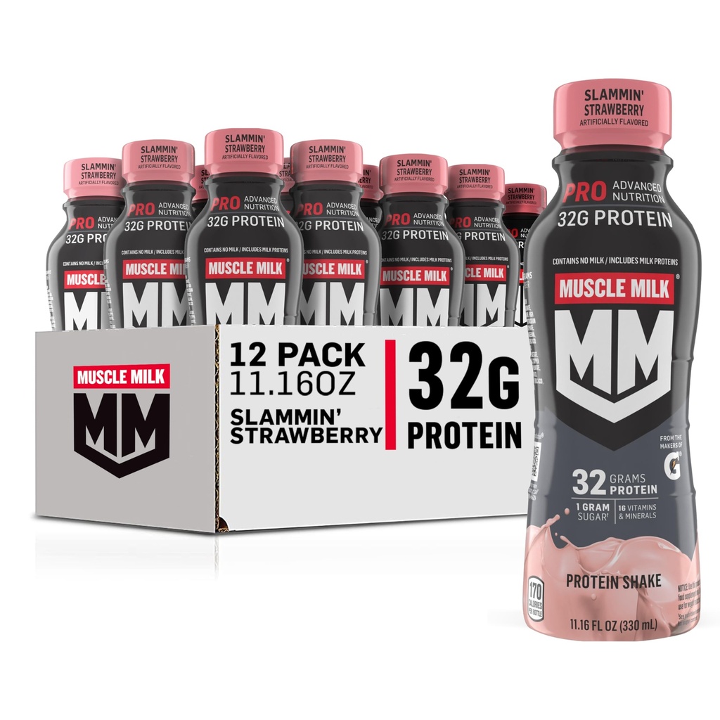 Protein Nutrition Tingkat Lanjut Muscle Milk Pro Shake, Slammin 'Strawberry, 111.16 Fl Oz (Kembungkus 12), 32g Protein, 1g Sugar, 16 Vitamin & Minemins, 5g Fiber