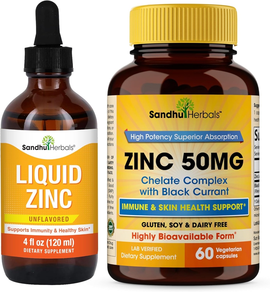 Sandhu Herbals Liquid Zinc Drops 4 Oz & Zinc Capsules 60 Count Supplemen 124; Supports Imune dan Skin Health 124; Made in USA