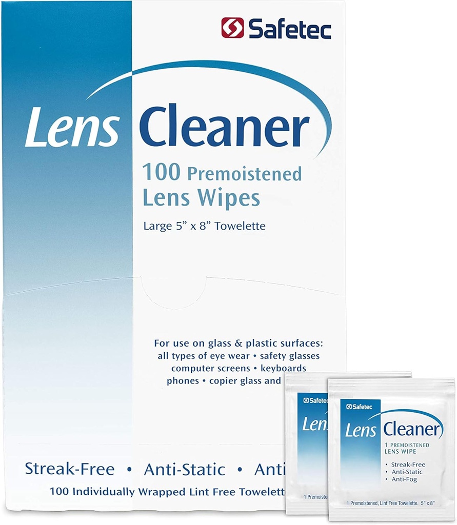 Safetec Lens & Eyeglasses Cleaning Wipes, Pre-Moistened Wipes (2 Pack of 100ct Box - 200 Clothes Cleaning)