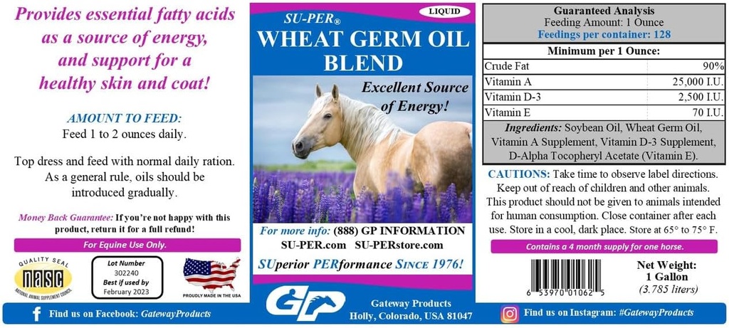 SU-PER Wheat Germ Oil Blend for Horses - Supports Energy, Endurance, Stamina, Healthy Skin and Coat - Esculty Acids, Vitamin dan Minemin- 1 Gallon + Pump, 4 Bulan Supply