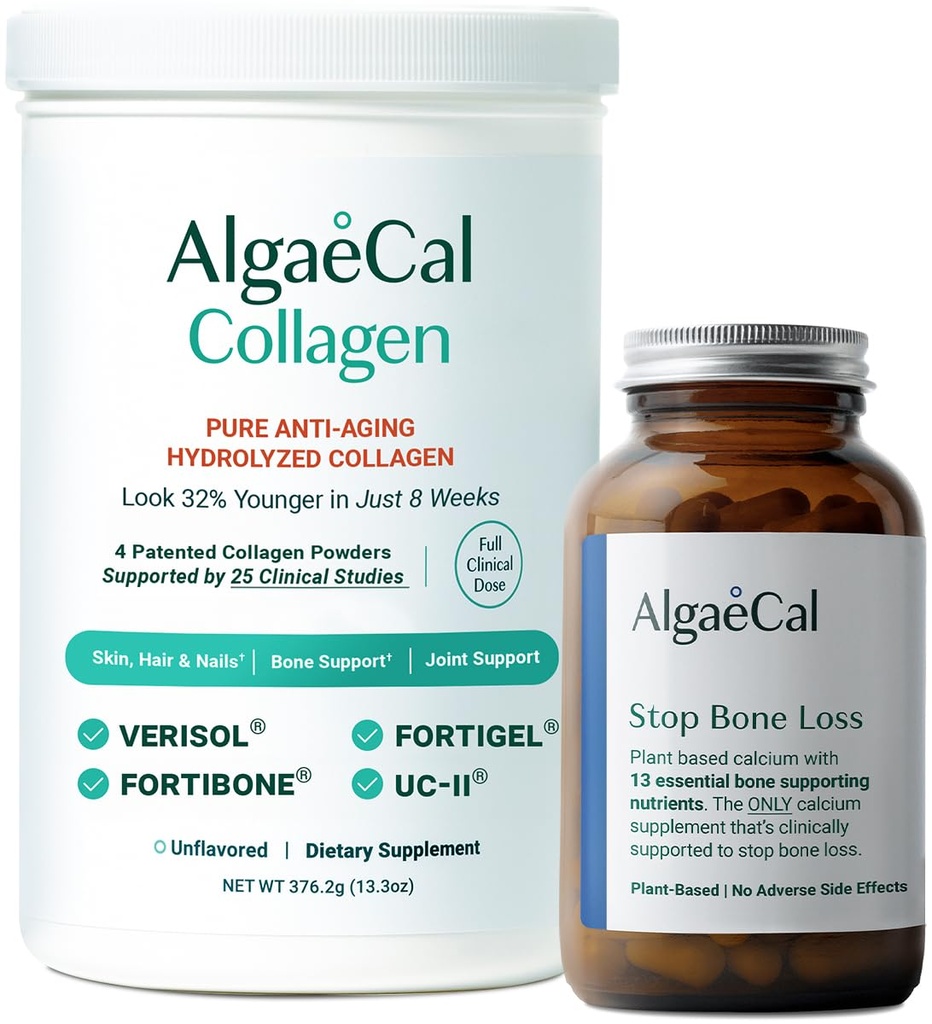 ALGAECAL Calcium & Collagen Bundle - Collagen Hydrolyzed Complete with Clinically-Didukung Verisol, Fortibone & Fortigel, Plus 13 Bone Supporting Mineces and Vitamin D3 for Bone Health & Antiage