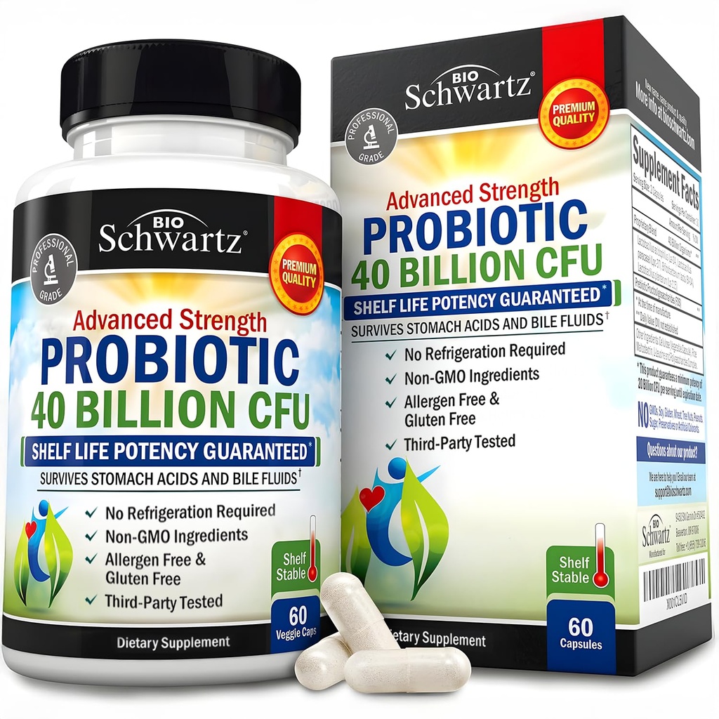 BioSchwartz Daily Probiotic Nutonationals Supplement - 40 Milyar CFU for Gut Health - Provinsi Pria dan Wanita - Kesehatan Digetical dengan Astragalus & Lacnaillus - Shelf Stable - 60 Count