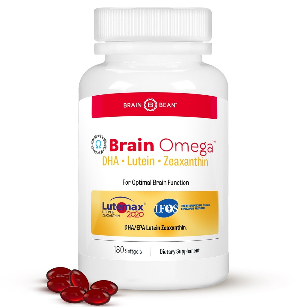 Otak Omega dengan Lutein dan Lutein - Tambahan Omega 3 untuk Otak, Hati & Eye Kesehatan - 460 mg DHA, 90 mg EPA, Lutein dan Suplemen Luxanthin - 180 Softgels (90 Pelayan)