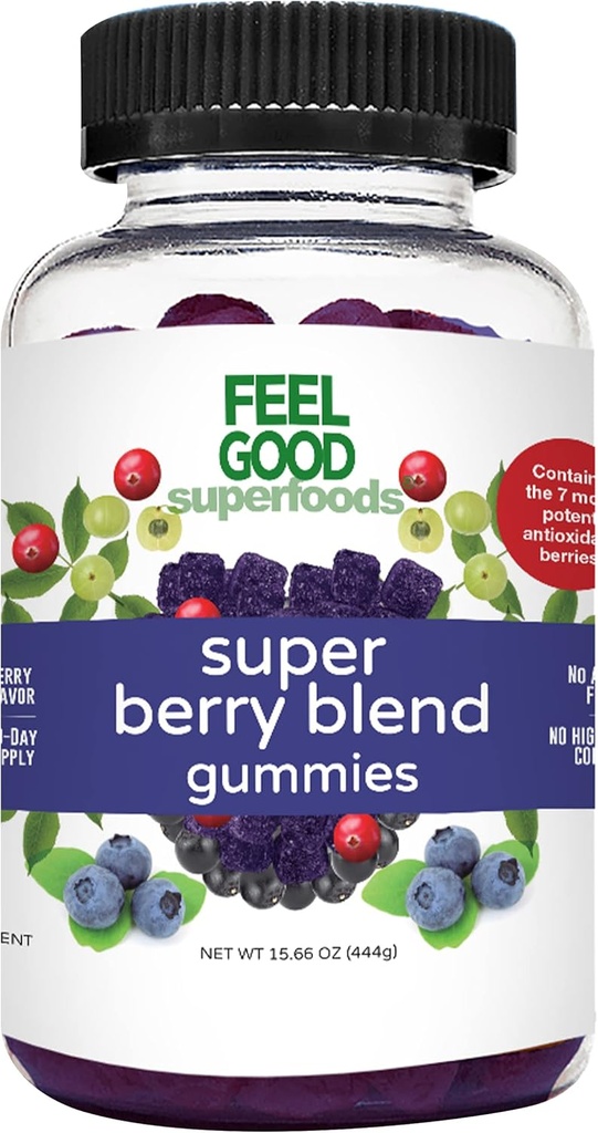 FeelGood Superfood Super Berry Multivitamin Suplemen, Acai, Amla, Lingonberry, Maqui, Bilberry, dan Aronia Berry Gummies, Berry Flavor, Vegan, Non-GMO, 60 Count