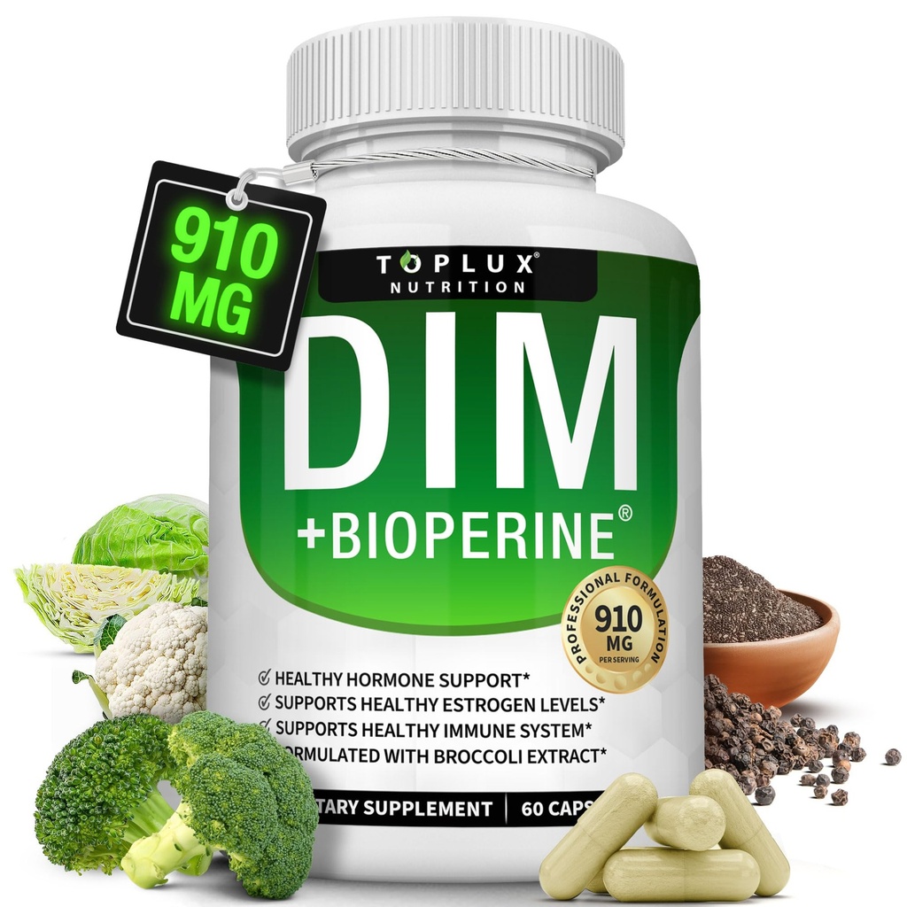 Dim Supplemen 910 mg Plus BioPerine Complex - Diindolylmetana untuk mendukung Hormone Balance dan Estrogen Metabolisme, membantu Menopause Acne PCOS Better Skin Bodybuilding, untuk Pria 60 Capsules