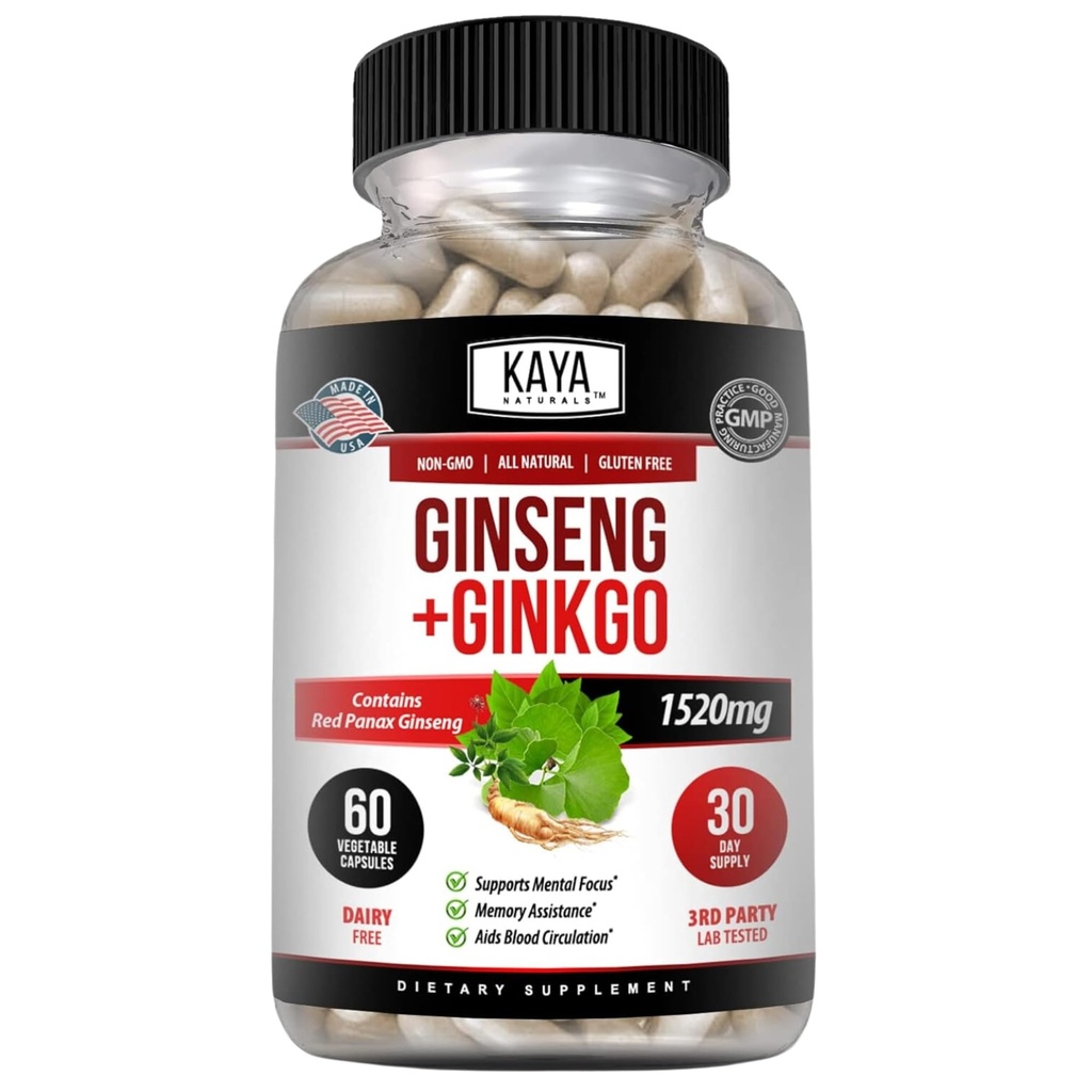 Kaya Nabal Merah Panax Ginseng + Ginkgo Biloba - Nootropic Suplemen Otak - Kognitif dan Konsentrasi Dukungan - Brain Booster, Fokus, dan Tambahan Memori - 60 Kapsul