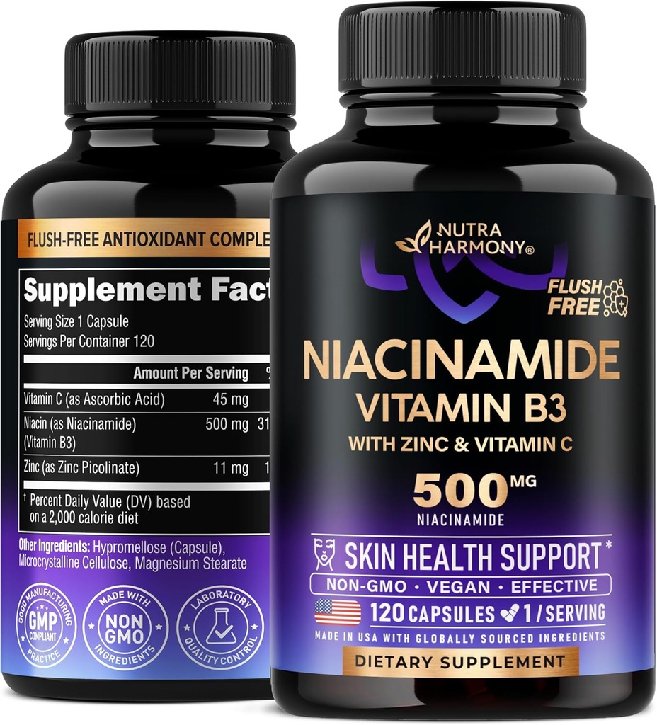 Niacinamide 500 mg - Vitamin B3 Flush-free Formulir Niacinamide Suplement - Sehat Aman Skin & Antioksidant Dukungan - dengan Zinc & Vitamin C - Lab Test, Vegan & NON- GMO - Dibuat di AS - 120 Capsules