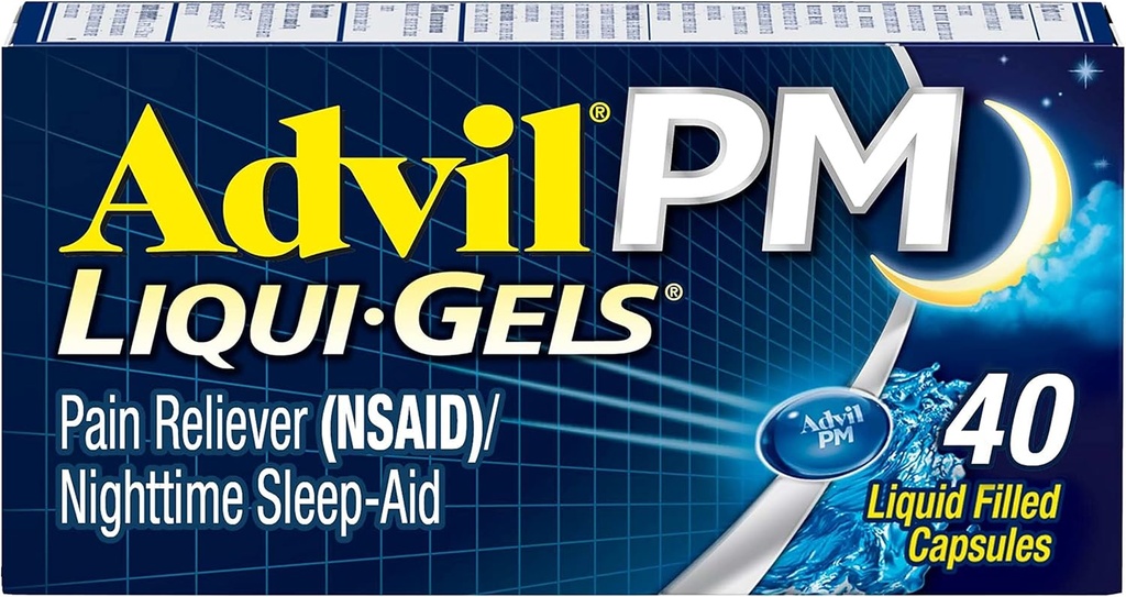 Advil PM Reliever Pain and Nighttime Sleep Aid, Obat Nyeri dengan Ibuprofen for Pain Relief dan Diphenhydramine Citrate untuk Bantuan Tidur - 40 Caplets Coated