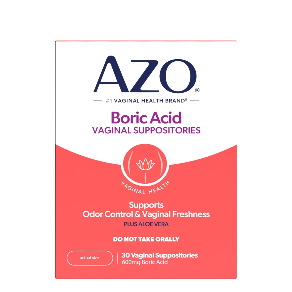 AZO ® Boric Acid Vaginal Suppotory, Membantu Dukungan Kendali Odor dan Kesehatan Intimate Dengan Clinical Studied Bic Acid, Non- GMO, 30 Count