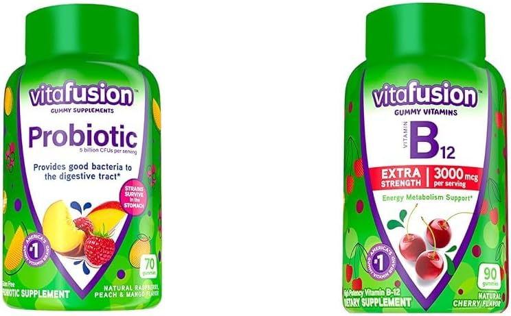 Vitamin Probiotic Gummy Suplemen, Raspberry, Peach and Mango Flavors & Ekstra Kekuatan Vitamin B12 Gummy Vitamin