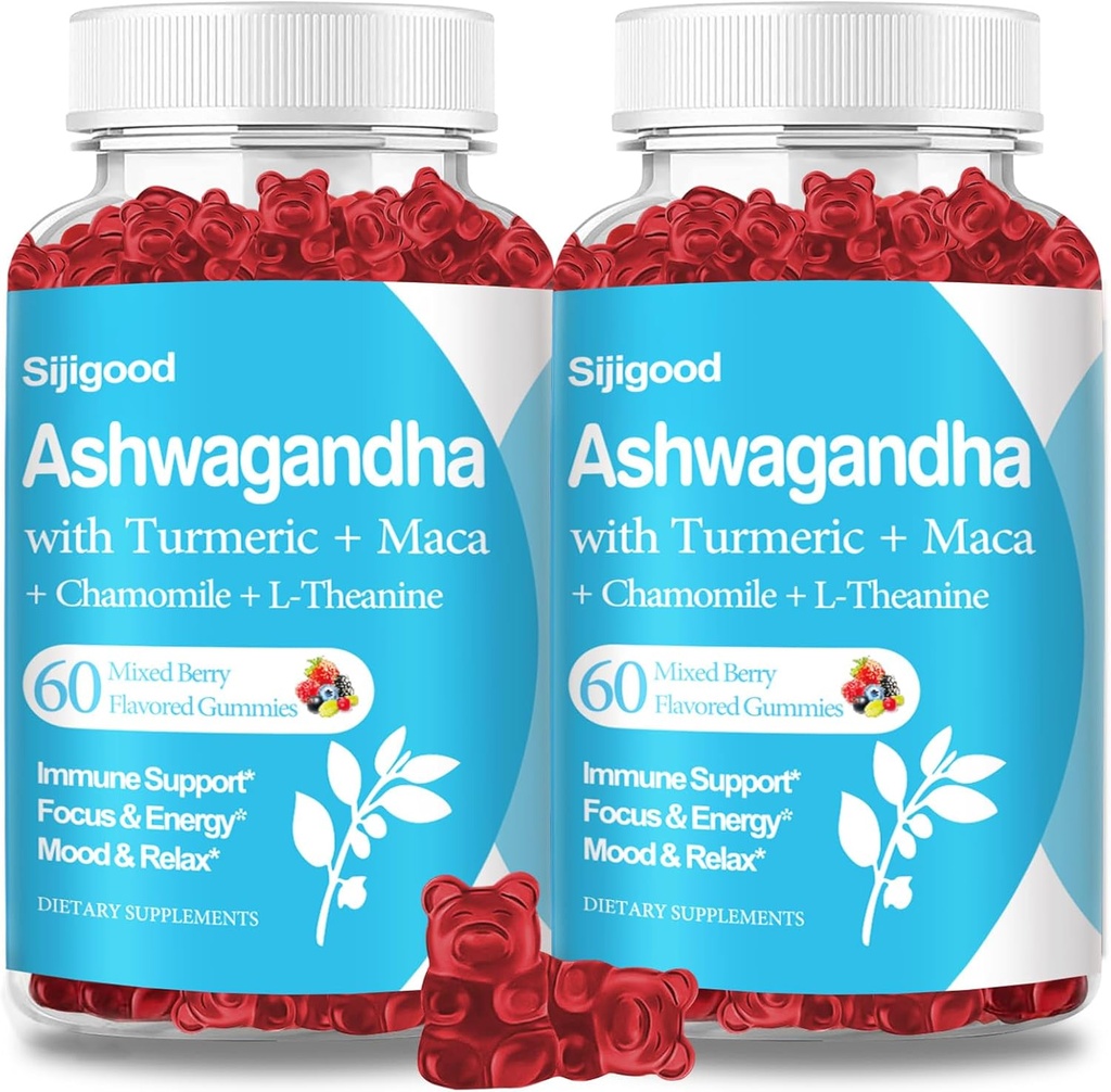 2 Pack Ashwagandha Gummies dengan L-theanine, Ashwa Root Suplemen Gummy for Women, 120 Mixed Berry Flavored Gummies