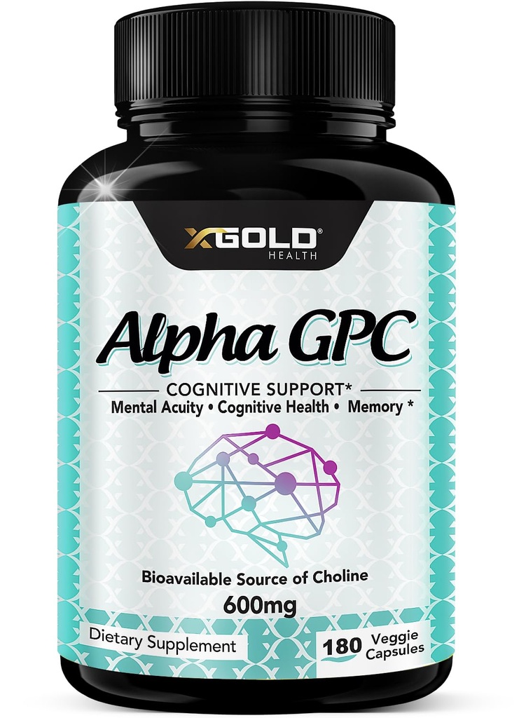 Tambahan GPC Choline Alpha 600mg, 99% + Sangat Purified, Sangat Biovailable Source of Choline, 180 Veggie Capsules, Cognitive Enhancer Nootropic, Support Memory & Brain Fungsi, Boosts Focus & Mood