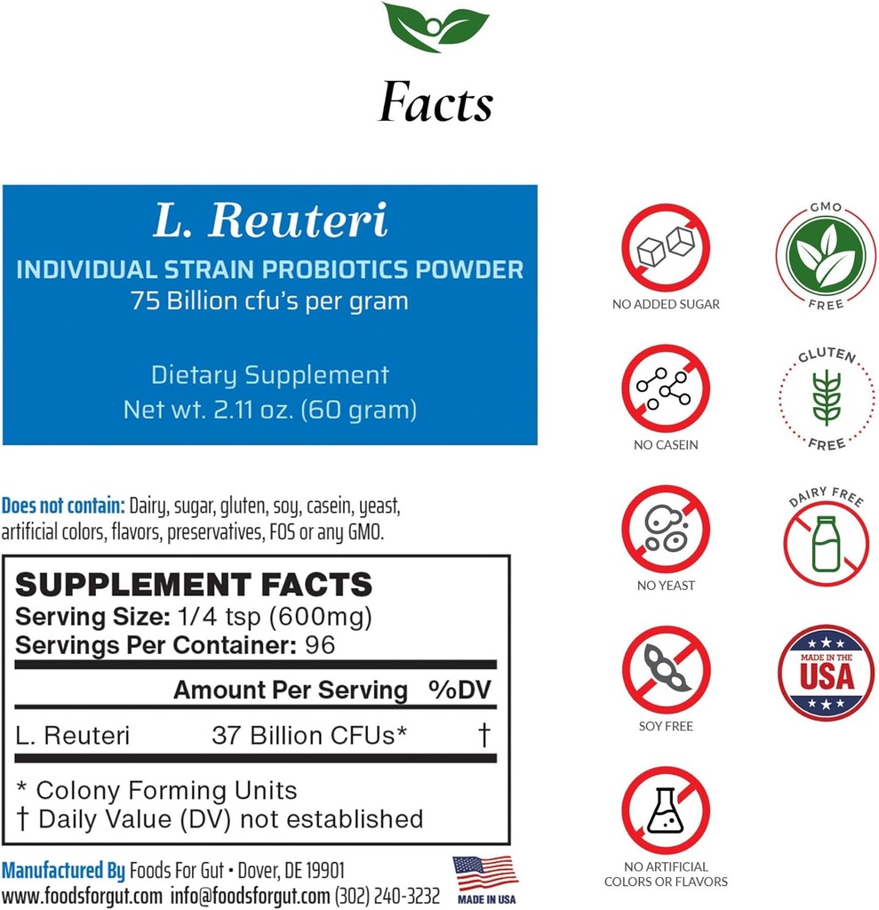 Lacleillus Reuteri Probiotic Powder 75 Miliar cfu 's 124; Made in USA 124; No Addocullicity 124; Direct from Manufacers 124; No Third- Party Storage 124; Digetile & Imune & Ammuni4; L. Reuteri 1254; 60 Grams (2.11 OZ)