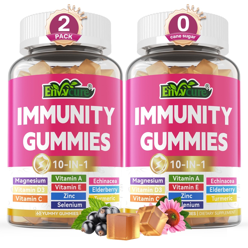10 dalam 1 Immune Suppportation Gummies, w / Echinacea, Elderberry Vitamin C dan Zinc, Selenium, Vitamin D3 5000IU, Magnesium, Daily Immune Booster Multivitamin, untuk Antioksidant Bone Energy, 2 Pack