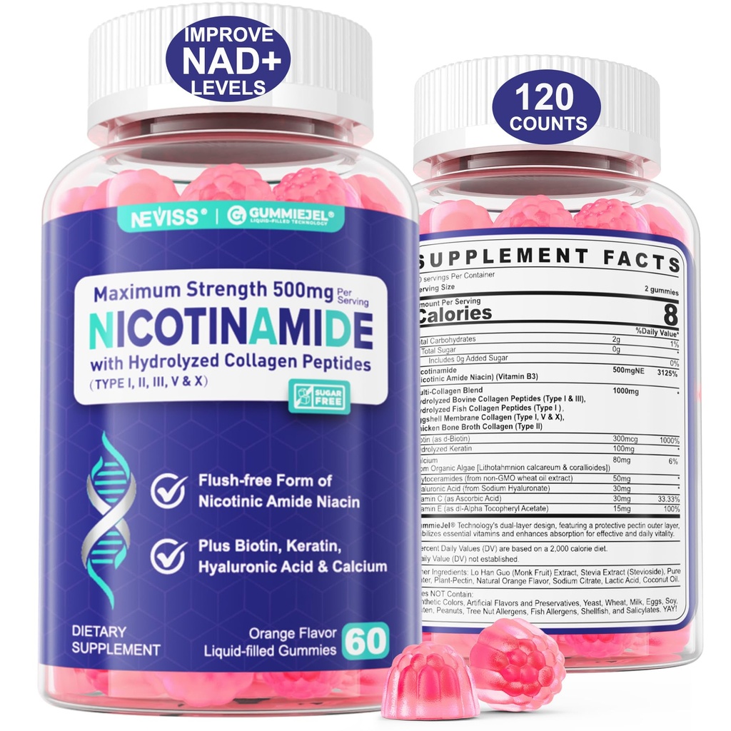 2 Pack - Nicotinamide 500mg Gummies, NAD + Supplemen Perempuan & Men w / Collagen Peptides, (Flush Free Niacin) Vitamin B3 Niacinamide for Anti- Aging, NAD + Tingkat, Umur-panjang, Fokus & Otak, Gula Bebas
