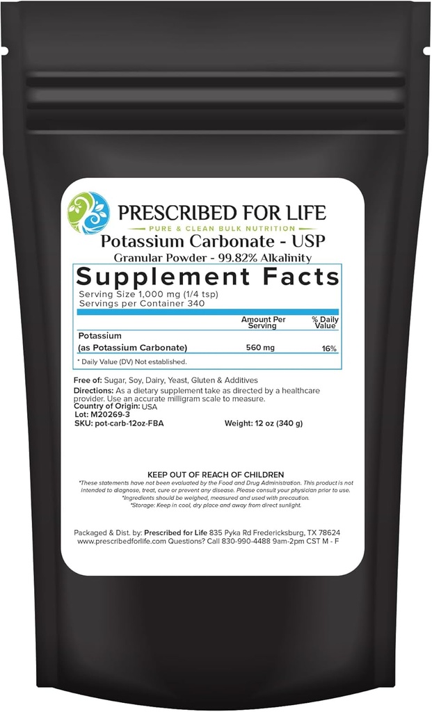 Prescripted for Life Powder Carbonate Powder, Natural USP Grade Ptash for Plants, Soap, Suplemen, & More, Pure Bulk Potasium Powder (12oz / 340g)