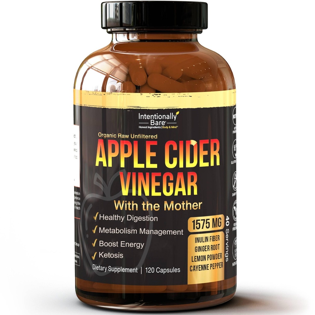 Intensially Brae Apple Cider Vinegar with Mother Capsules - ACV Capsules with Ginger, Lemon, Cayenne and Inulin - Keto Friendly and Gluten Free for Energy, Imunity and Gut Health - 120 Capsules