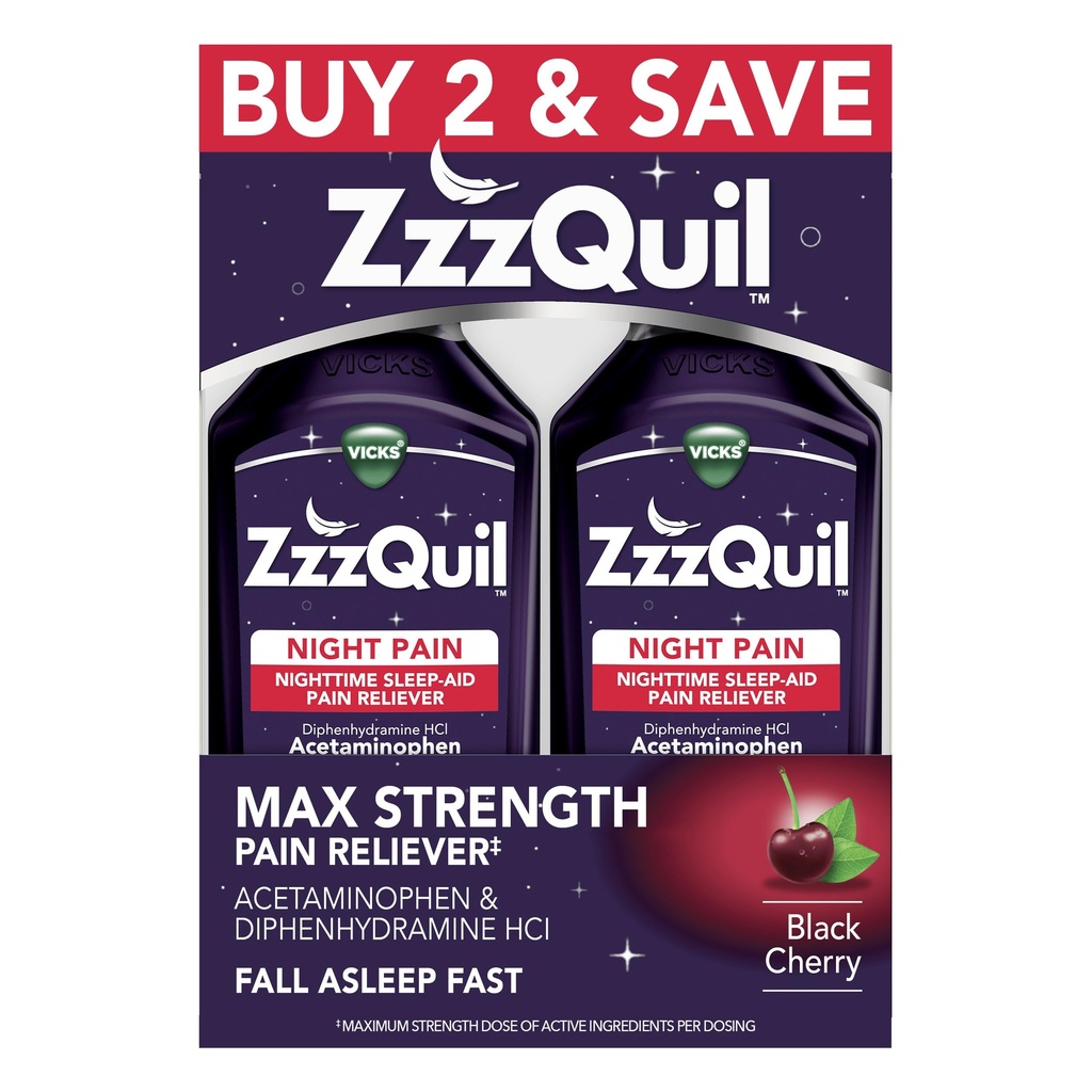 ZzzQuil Cair Max Kekuatan Reliever Pain, Cair Acetaminofhen 10000mg, Diphenhydramine 50mg HCI, Non-Habit Forming, Black Cherry Flavored, 2 Pack, 24 FL OZ