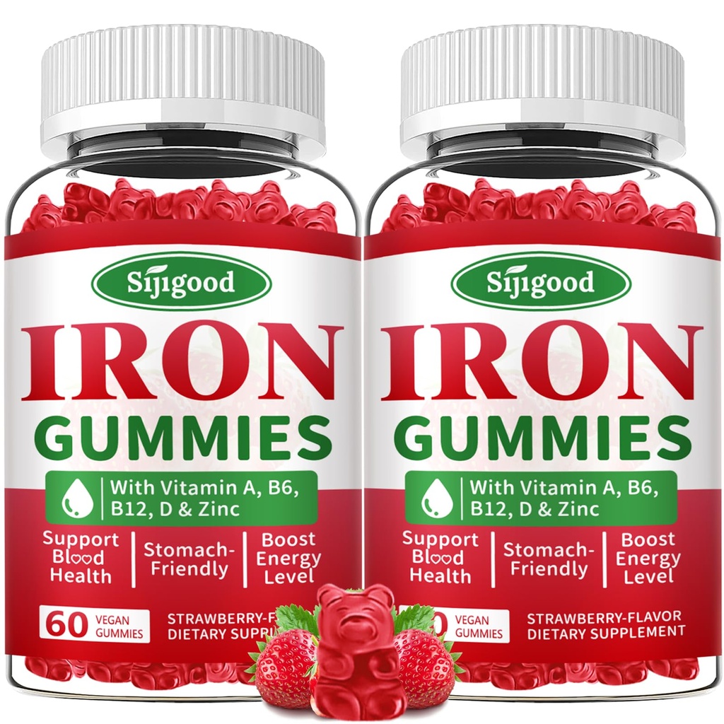 2 Pack Iron Gummies for Women & Men - Vegan Iron Sugarma & Iron Deficiency, with Vitamin B12, Vitamin C, Zinc, Flolate - Energy Boost, Sugar- Free, Strawberry Flavor, 120 Count