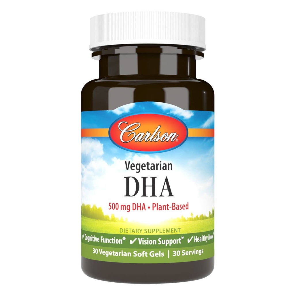 Carlson - Vegetarian DHA, 500 mg DHA, Plant Based, Sumpably Softgels dari Algae, Dukungan Otak, Kesehatan Mood, 30 Softgel