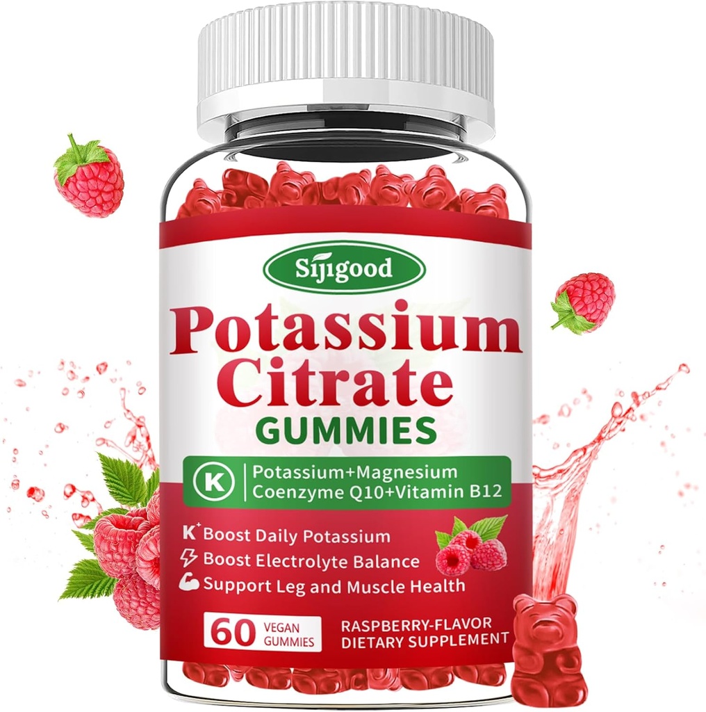 Potasium Citrate Gummies - Tambahan Potasium untuk Kesehatan Muscle, Penjepit Kram Kaki & Keseimbangan Electrolite, Vegan, Bukan-GMO, Bebas, Raspberry Flavor, 60 Count