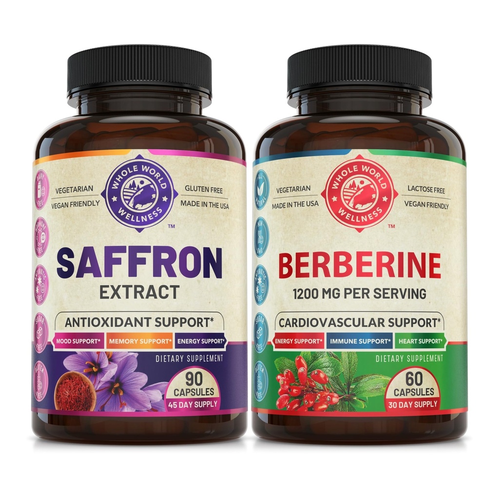 Murni Saffron Ekstrak & Premium Berberine Bundle (Satu Botol Masing-masing). Mendukung Mood, Energy Boost, Metabolic Fungsi. USA Made.