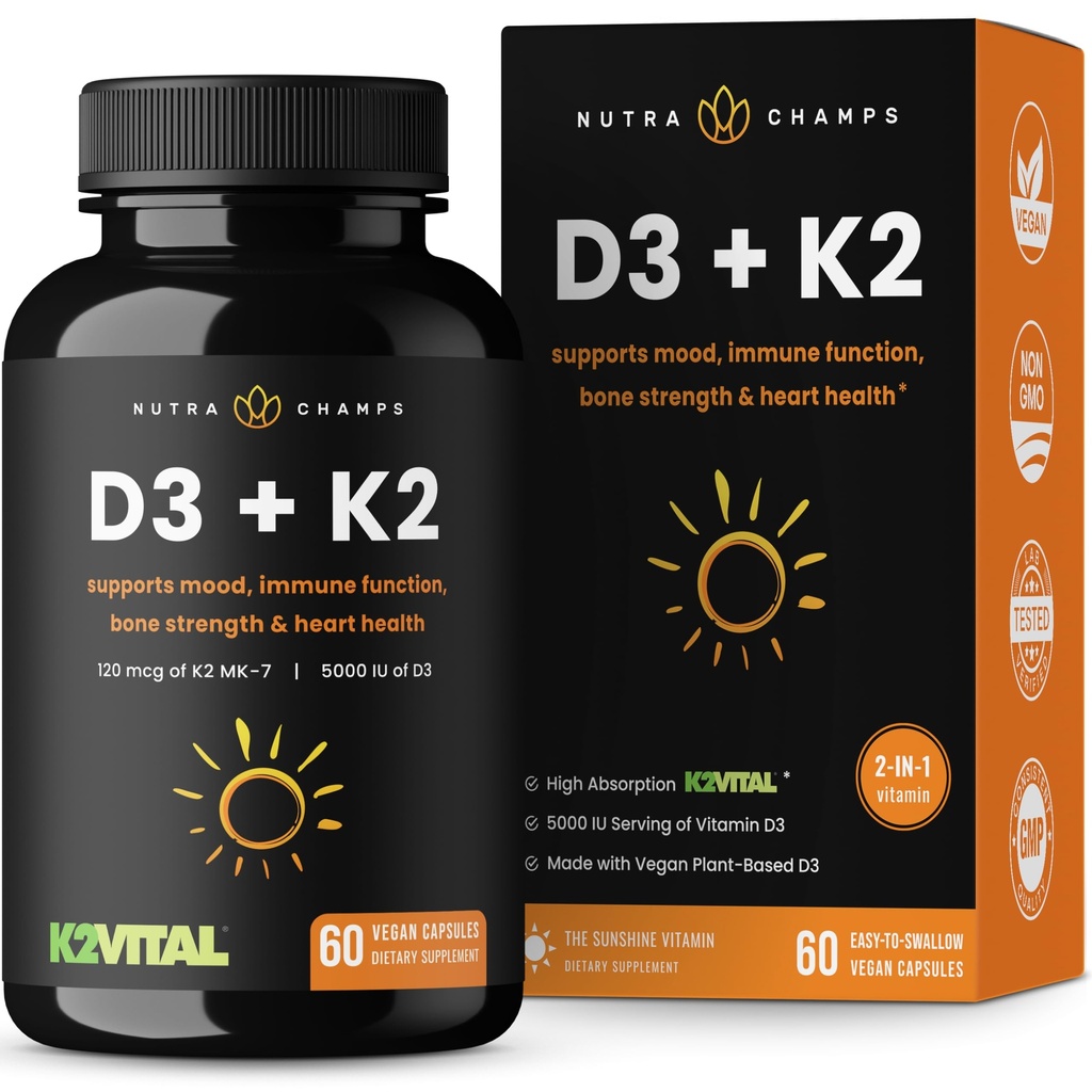 NutraChamps D3 dengan K2 MK7 Tambahan untuk Heart & Bone Health 124; Vitamin D & K Kompleks 124; 5000 IU dari Vitamin D 3 & 100 mcg dari Vitamin K 2 MK-7 124; 60 Vitamin K2 D3 Capsules