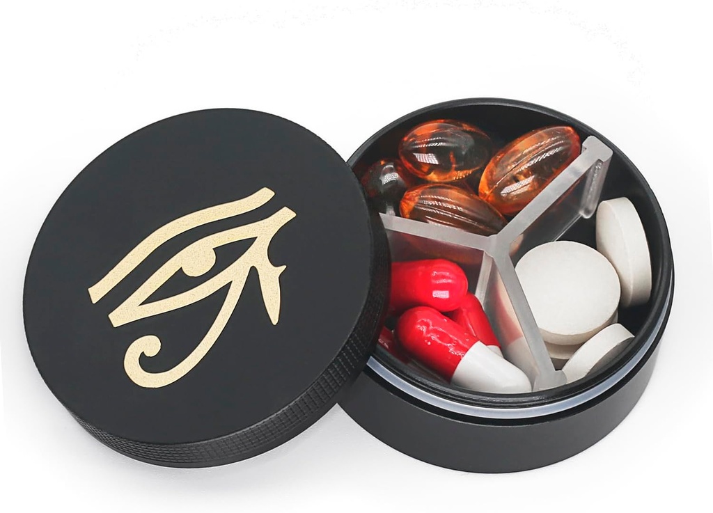 Kompartemen Kasus Pil Kecil 3, Metal Round Portable Pill Box, Travel Pill Organizer, Pocket Purse Medicine Vitamin Hoder EDC Container (Hitam dengan Mata)