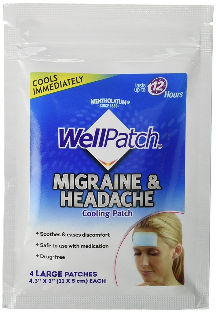 WellPatch Migraine & Headache Cooling Patch - Drug Free, Lasts Up to 12 hours, Safe to Use with Medication - Large Patches (4 Large Patch), Each 4.3 x 2 in