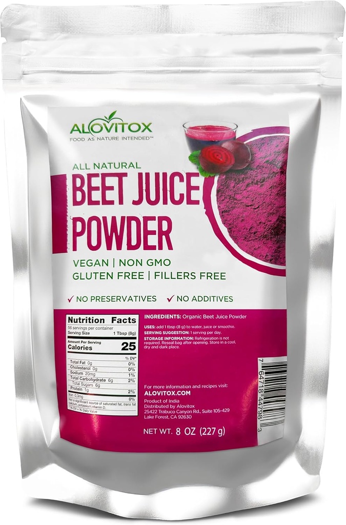 Alovitox Organic Beet Powder 134; 100% Pure, Fresh & USDA Beet Extract Powder 12.4; Nitric Oxide Superfood, Vegan, Non - Gmo & Gluten- Free 124; Dukung Energised dan Effectout Sesi (8 oz)