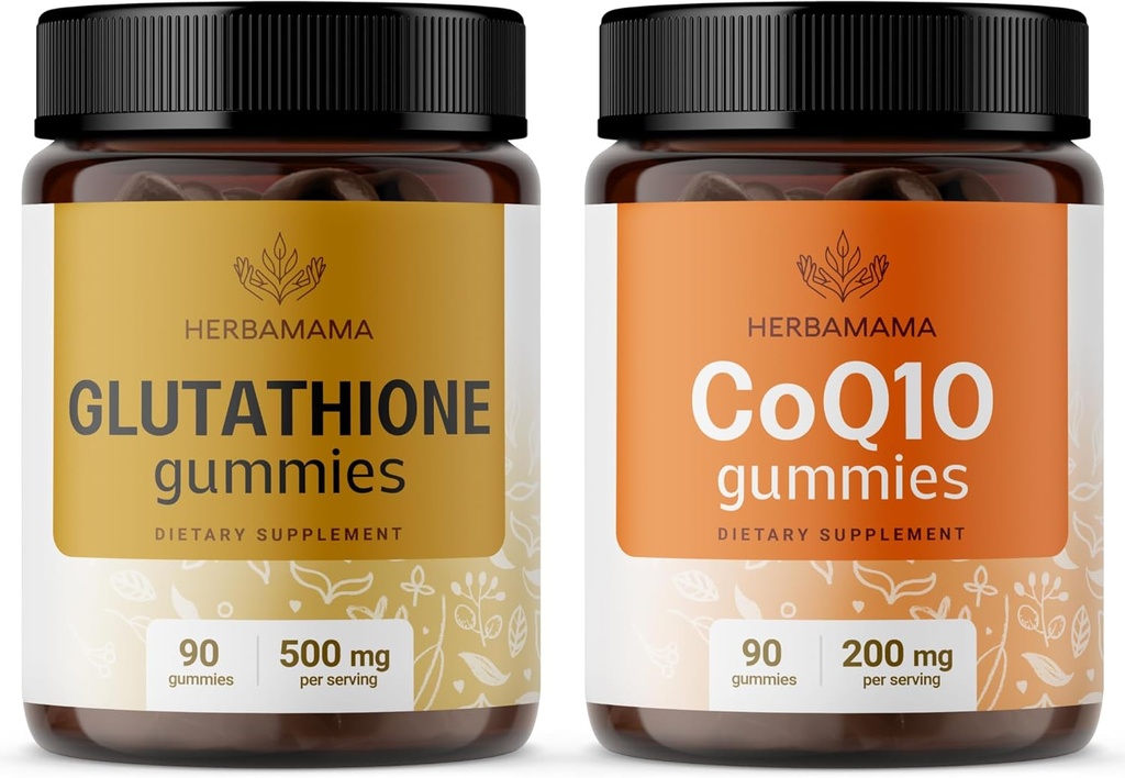 HERBAMAMA Glutathione dan CoQ10 Kit - Bundle of 500 mg Reduced L-Glutathione dan 200 mg CoQ10 Gummies - Vegan, Non-GMO, Ggatin- Free - 2 Pack
