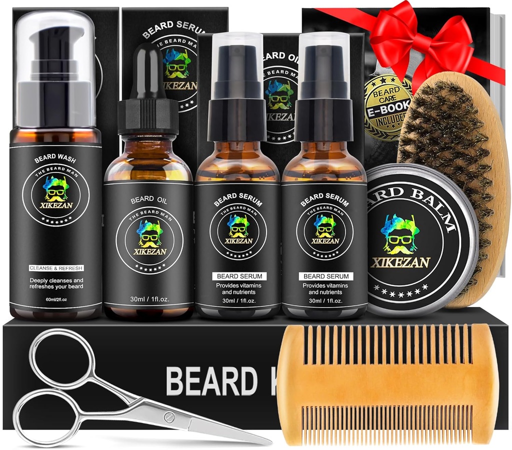 XIKEZAN Beard Kit for Men Grooming & Care Set w / 2 Pack Beard Serum, Wash, Oil, Balm, Comb, Brush, Gunting, Bag, EBook, Unik Hadiah Ulang Tahun Untuk Pria-Nya Suami Saudara Penjual Natal Stuffers