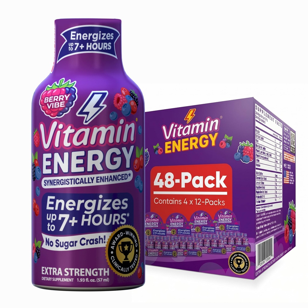 Vitamin Energy Mood + Extra Energy Shot Tropical Berry 48 Pack, 260mg Natural Caffeine, B-Vitamin, Rhodiola, Chamomile, Mood & Energy Duck, Zero Sugar, Gluten- Free, Vegan, 1.93 fl oz