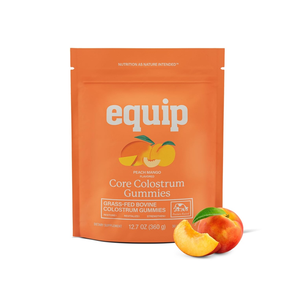 Equip Foods Core Bovine Colostrum gummies, Delicious 1g Per Seving Grass Fed Colostrum Suplement - Gut Health, Imunity, Recovery, Hair & Skin - 60 Bovine Colostrum Gummies, 30 Service, Peach Mangga