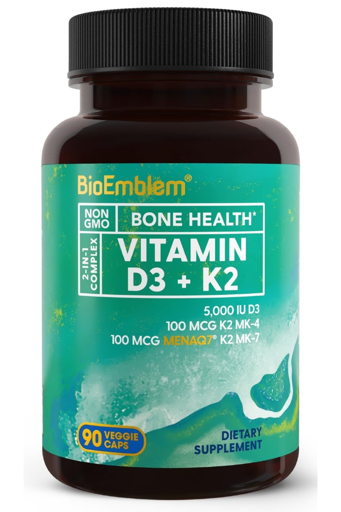 BioEmblem Vitamin D3 K2 Capsules (5000IU dan 200mcg) - Dipatenkan MK7 dan MK4 untuk 3-in- 1 Kompleks - Vegetarian Vitamin D K2 Tambahan Teeth, Heart, Sistem Imune - Non-GMO, 90 Caps