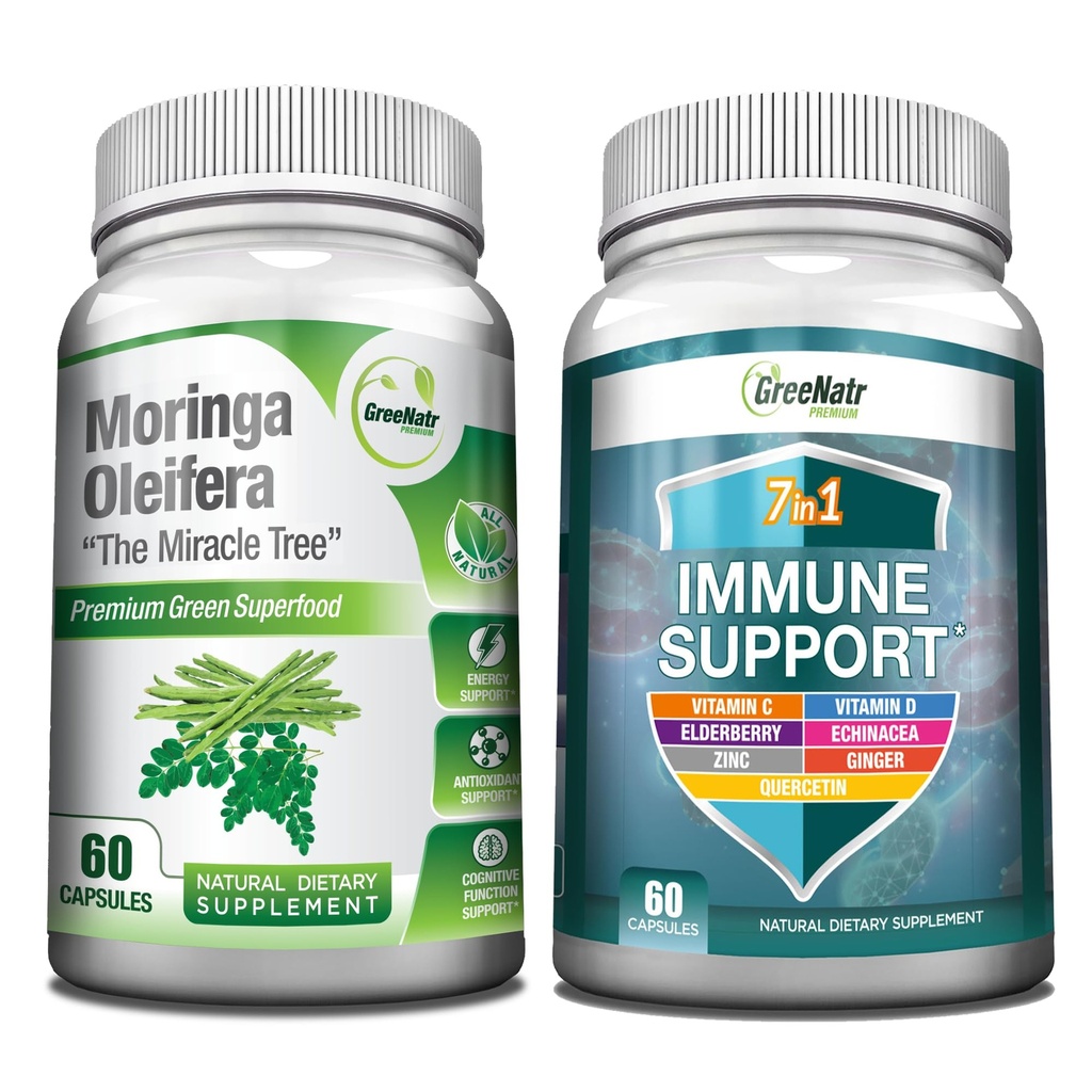 Dukungan Energi GreeNatr & Bundle Pertahanan Imune: Murni Moringa Oleifera Leaf Extract Veggie Capsules (1000 mg) dengan 7-1 Ammune Dukung Formula untuk Energi, Mood, Memory, Fokus