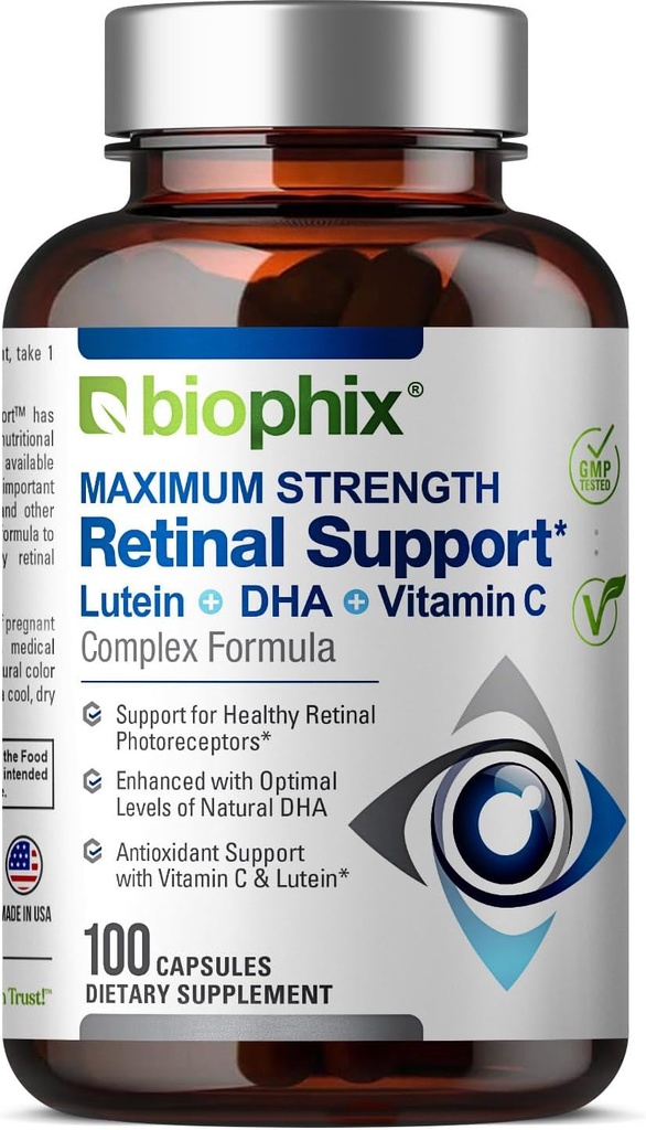 biophix Retinal Dukung Maksimal Kompleks Formula 100 Capsules - Zinc Vitamin C E Lutein DHA Omega-3 Astaxanthin Acid Hyalanic - Supports Eye Vision Health