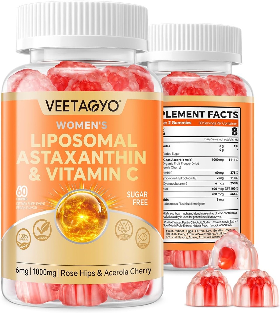 Suplemen Astaxanthin 6mg + Lipomal Vitamin C 10000mg - Layer-Dual B6, B12, Folate, Biotin - Antioksidan - Gelatin Free, Sugar Free, 60Cts