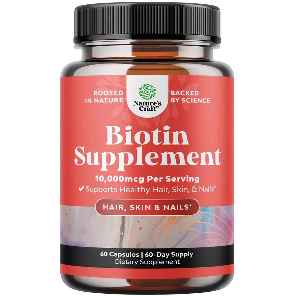 Natures Craft 10.000 mcg Pure Biotin Pills for Women - Promotes Thicker dan Fuller Hair. Tambahan Alam untuk Perkembangan Rambut Tebal Shiny - Vegetarian Vitamin Capsules - Dapatkan Clear Skin Strong Nails
