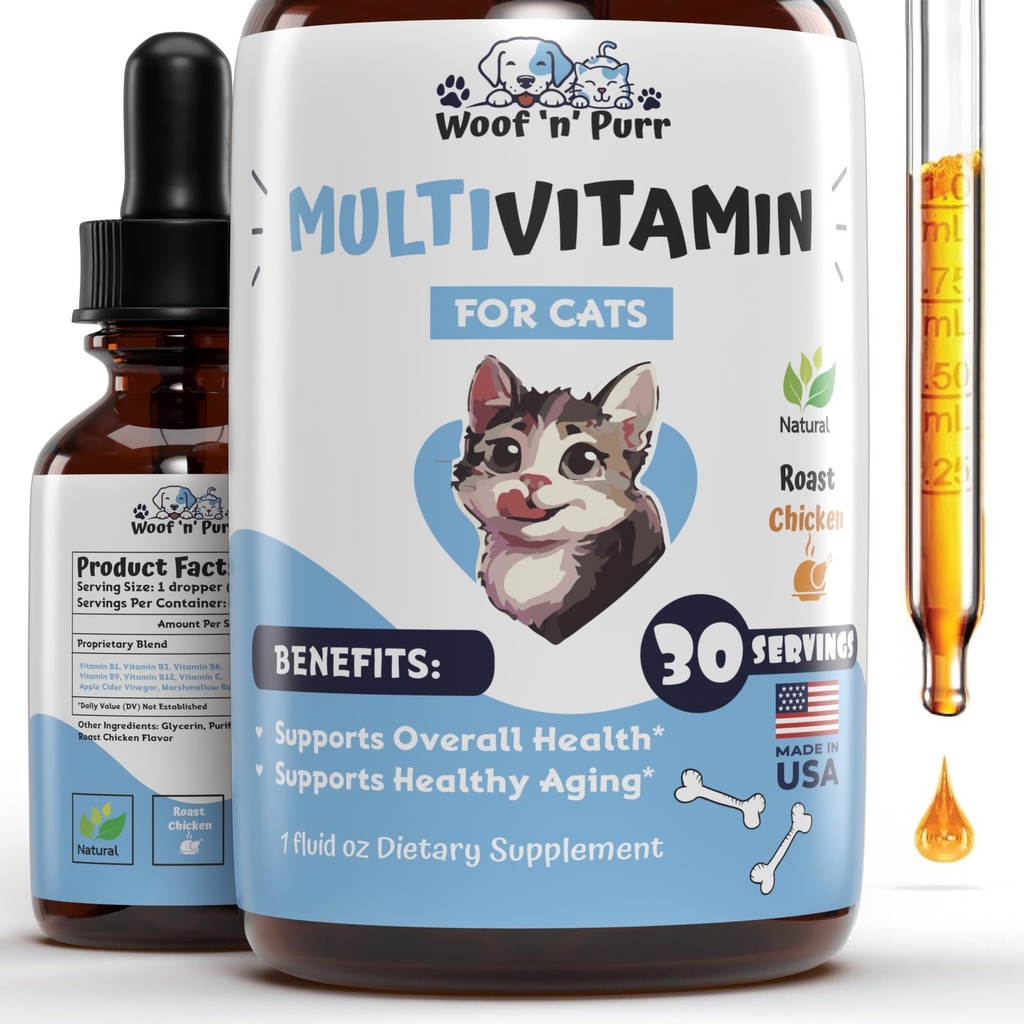 Cat Multivitamin - Promotes Sehat Skin & Coat, Gabungan Dukungan, Umur-panjang & Lebih - Cat Vitamin - Suplemen Kucing & Vitamin untuk Kucing Dalam - Kitten Vitamin - Dukungan Imune Kucing - 1oz