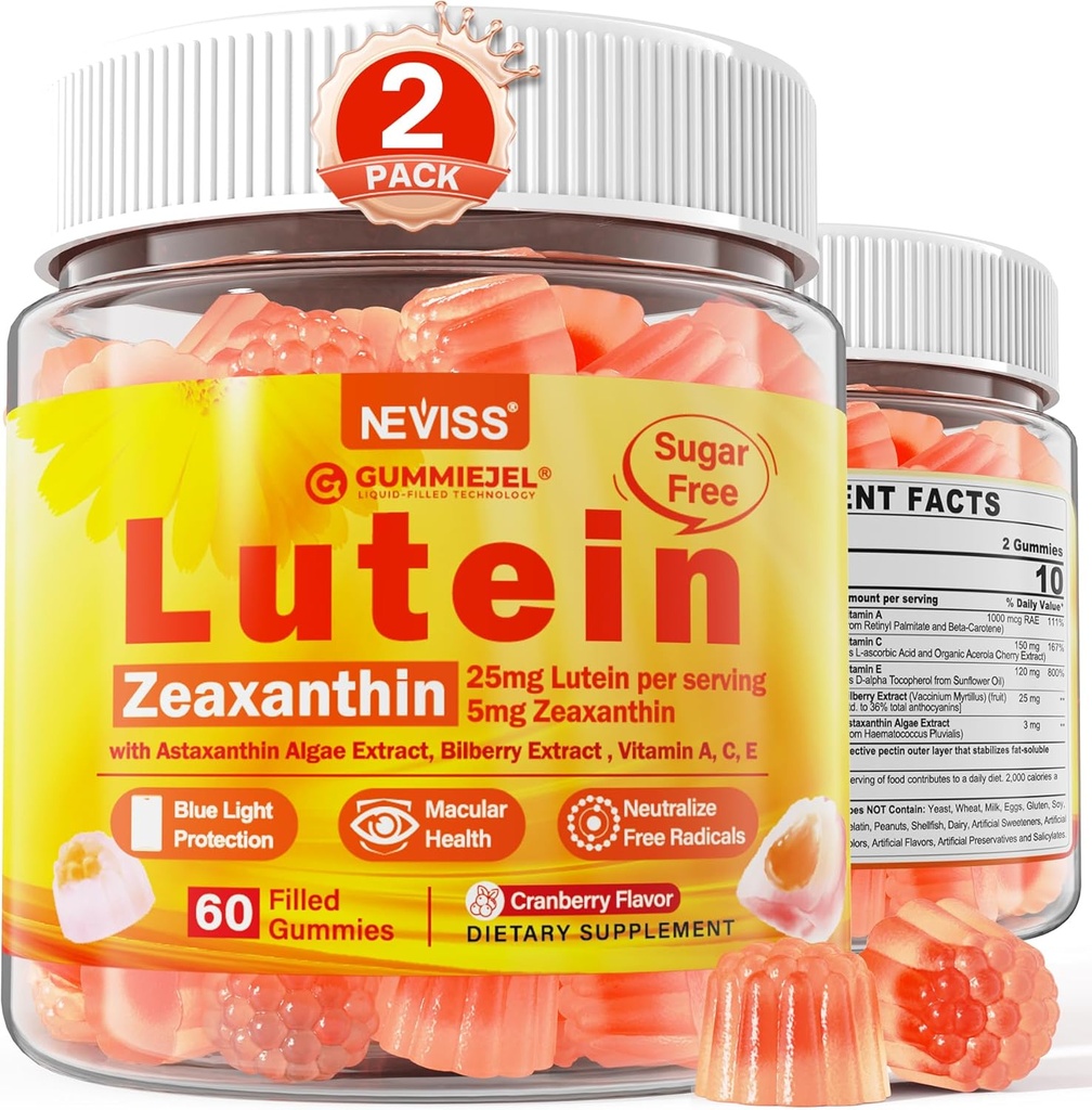 2 Pack Lutein dan Hobxanthin Pasokan Gummies (25mg) Vitamin A, C, Bilberry, Astaxanthin - Koconut Oil untuk Absorpsi Lebih Baik - untuk Dewasa & Teens Vision, Mata, Otak, Skin - Vegan, Gula Bebas
