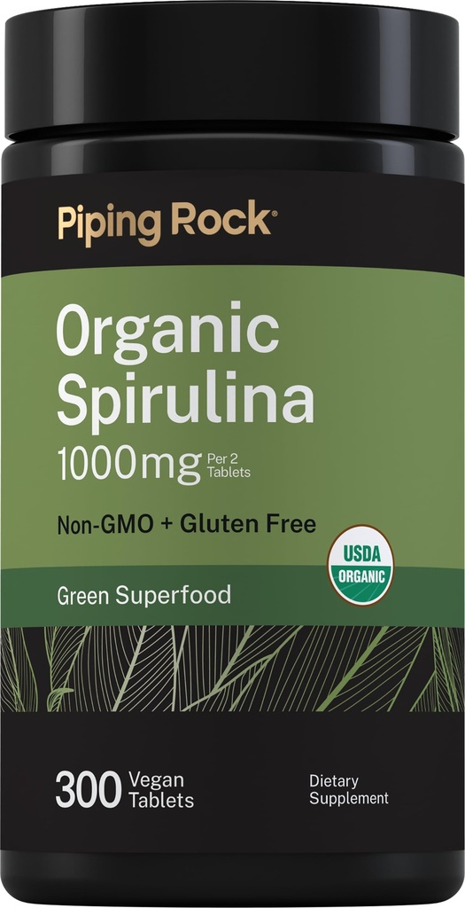 Piping Rock Organic Spirulina | 1000mg | 300 Tablets | Arthrospira Platensis | Vegan, Non-GMO, Gluten Free Supplement
