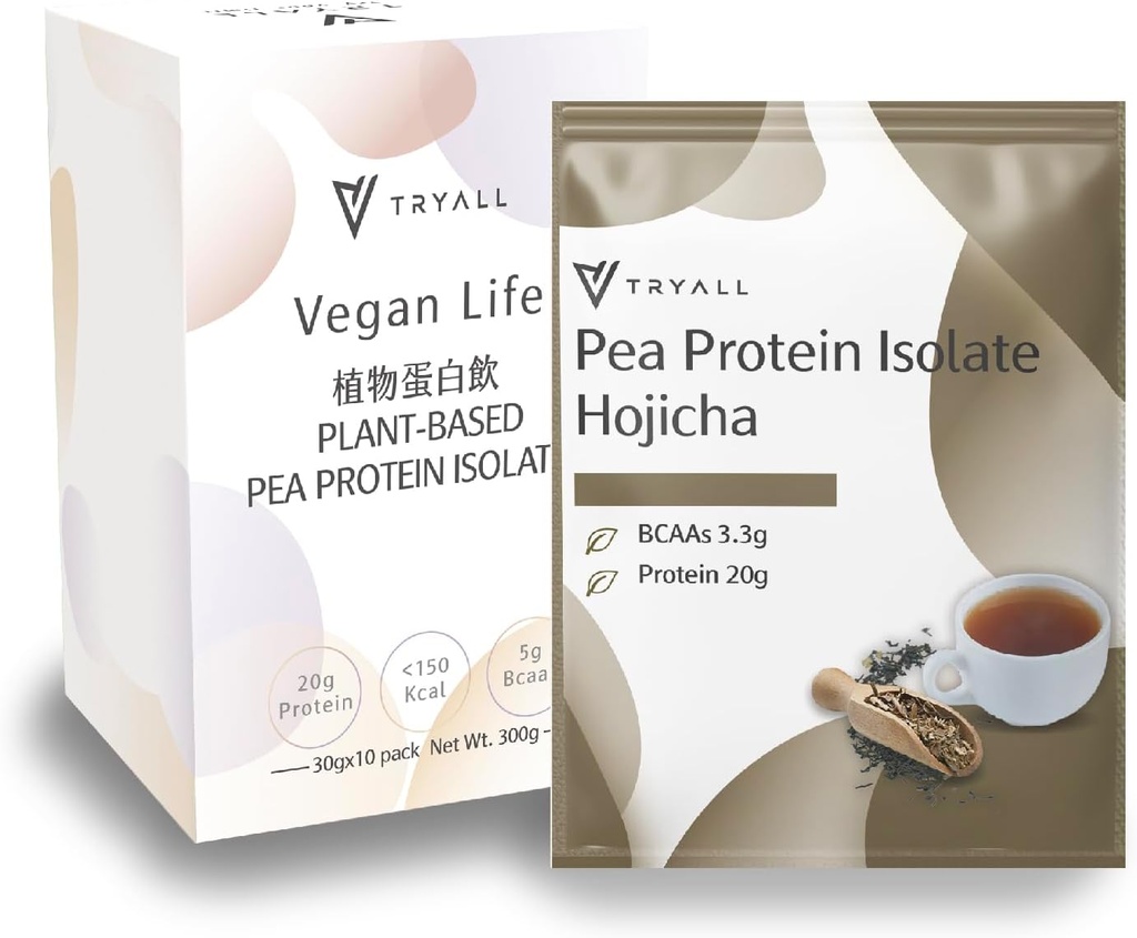 TRYALL Plant Based Pea Protein Powder Isolate (20g of Protein) Travel Sachets (Hojicha, 10 Paket)
