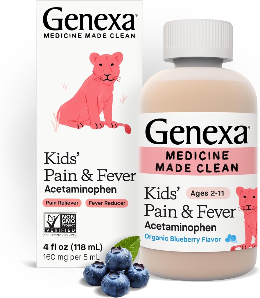 Genexa Kids 'Acetaminopenhen Pain & Fever Oral Suspension Medicine - 4oz - For Children 2 - 11 Years Old, Temporly relieves pain and fever gejalanya, 160 mg per 5 mL- Organic Blueberry Flavor