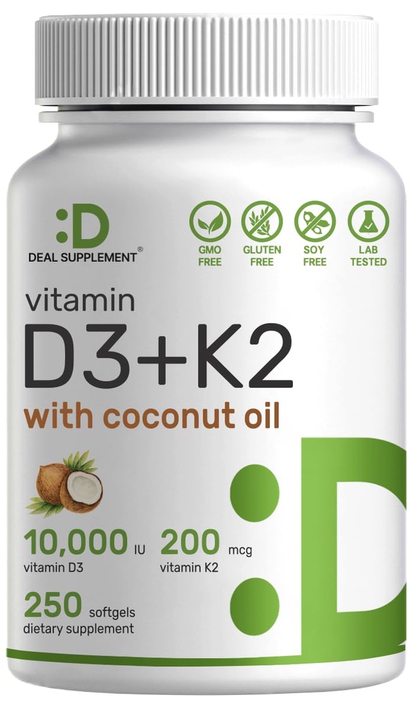 DEAL SUPLEMENT Vitamin D3 10.000 IU + K2 MK7 200mcg Softgels, 250 Count 124; 2-1 Kompleks dengan Virgin Coconut Oil 124; Mudah untuk menelan