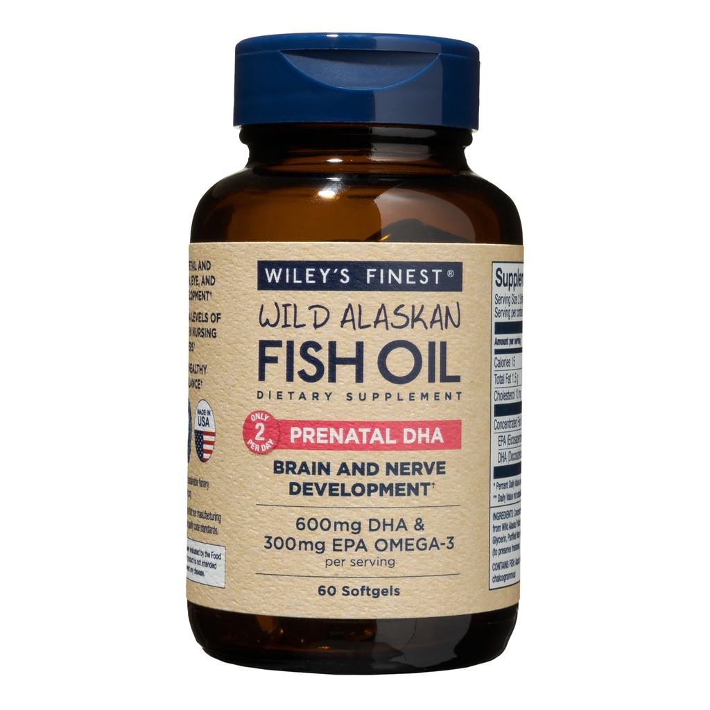 Wiley 's Finest Wild Alaska Fish Oil Prenatal DHA - 900mg EPA dan DHA Omegaga- 3s for Pregnant Women and Nursing Mothers - 60 Softgels (30 Prenatal Vitamin Seramin)