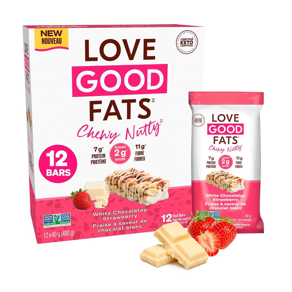 Love Good Fats Chewy Nutty White Chocolacey Strawberry Keto Bars - Low Carb Protin Snacks - 12 pack (1.59oz / 45g setiap bar)
