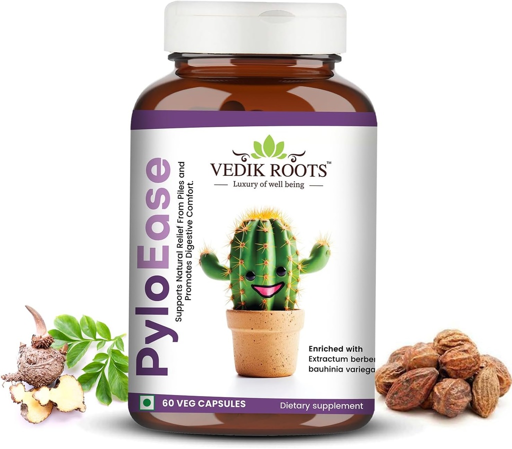 PyloEase 124; Ayurvedic Herbal Suplement Traditional Digunakan untuk Mendukung Komfort Digetical & Daily Saldo 124; Berasosiasi dengan Relief dari Digetical Discomfort 124; 60 Veg Capsules, (Paket 1)