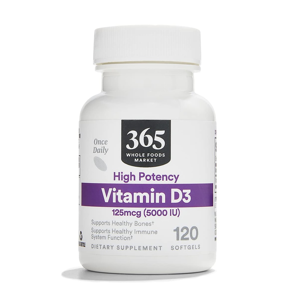 365 oleh Whole Foods Market, Vitamin D3 Softgels, 5000 IU, 120 CT
